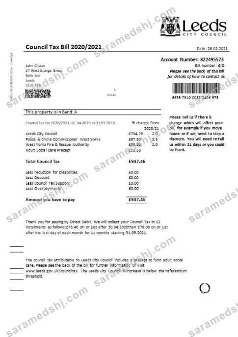 United Kingdom Leeds City Council tax bill template in Word and PDF format